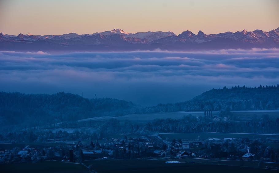 fog, mountains, twilight, winter, panorama, alps, val de ruz, HD wallpaper