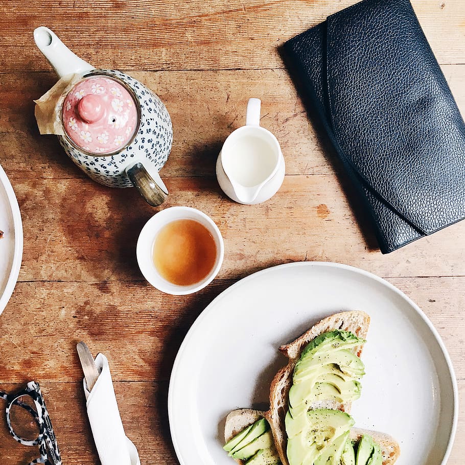 bread, avocado, breakfast, diet, table, tea, pot, drink, milk HD wallpaper