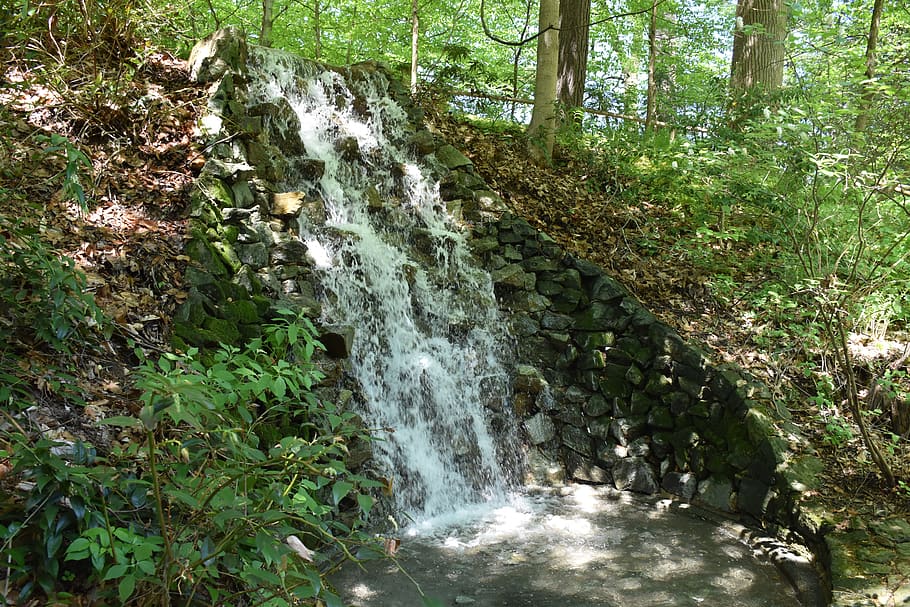 waterfall, small waterfall, rocks, leaves, nature, outdoors HD wallpaper