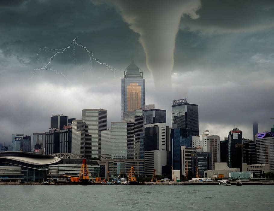 tornado, storm, lightning, skyline, city, building, weather, HD wallpaper