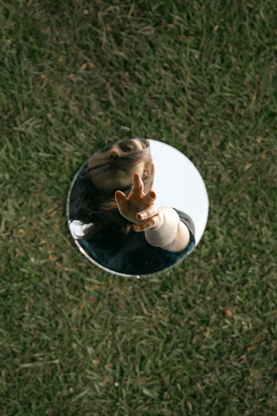round mirror, high angle view, one person, grass, nature, ball HD wallpaper
