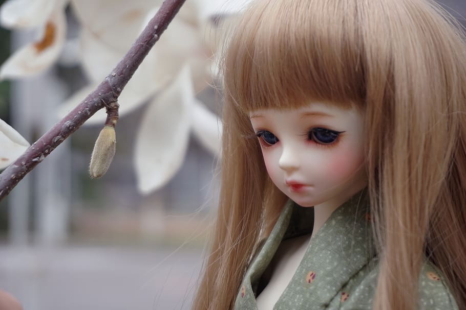 doll, spring, flowers, blond hair, headshot, portrait, one person HD wallpaper