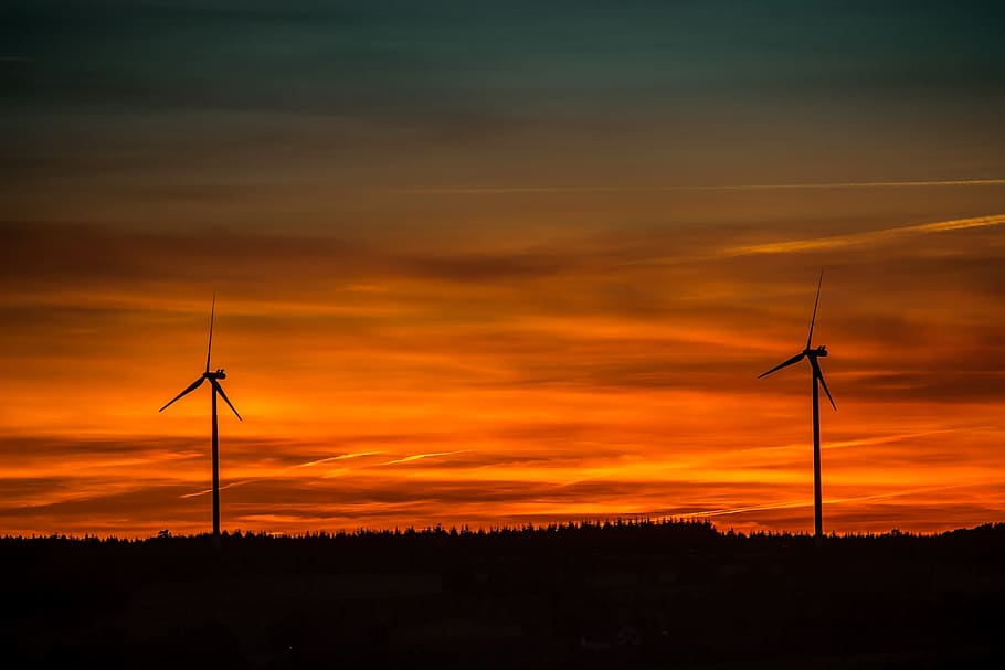 sunset, setting, windmill, electricity, nature, dark, eve, evening HD wallpaper
