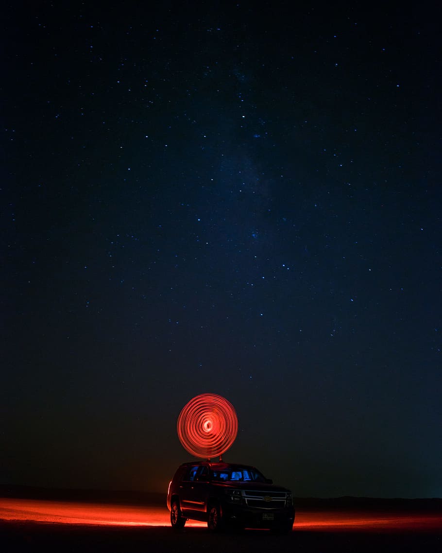 black SUV, car, light, star, light trail, night, evening, vehicle HD wallpaper
