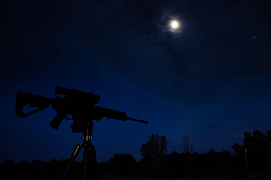 rifle in tripod stand, sky, night, moon, silhouette, no people HD wallpaper