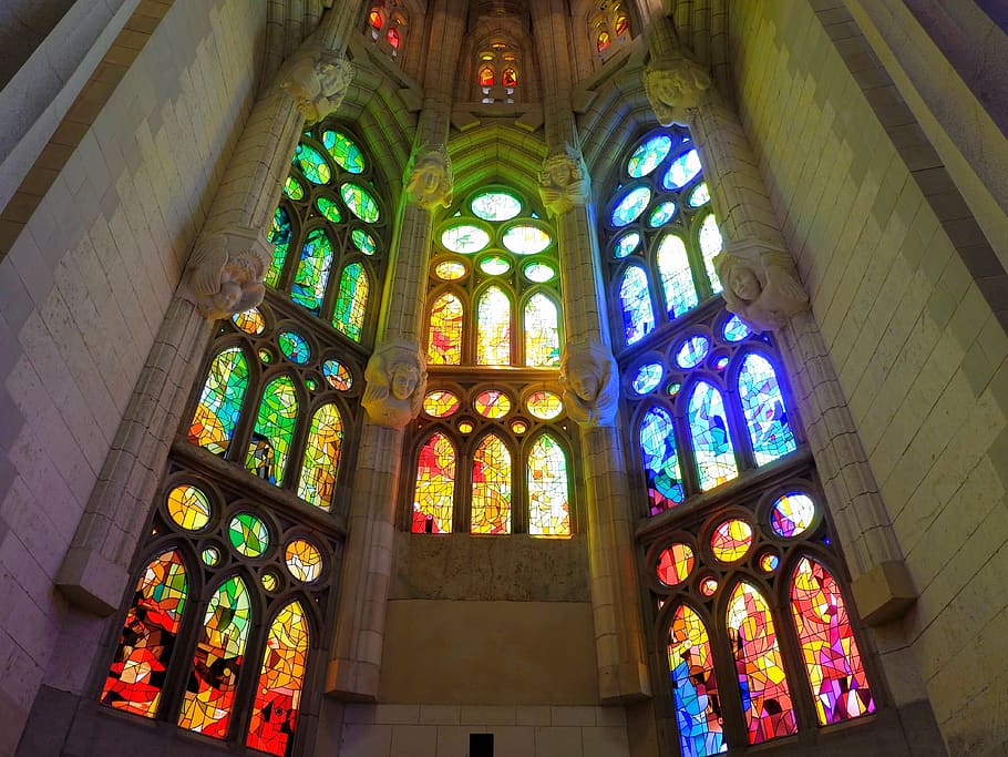 spain, barcelona, window, colors, architecture, church, light HD wallpaper