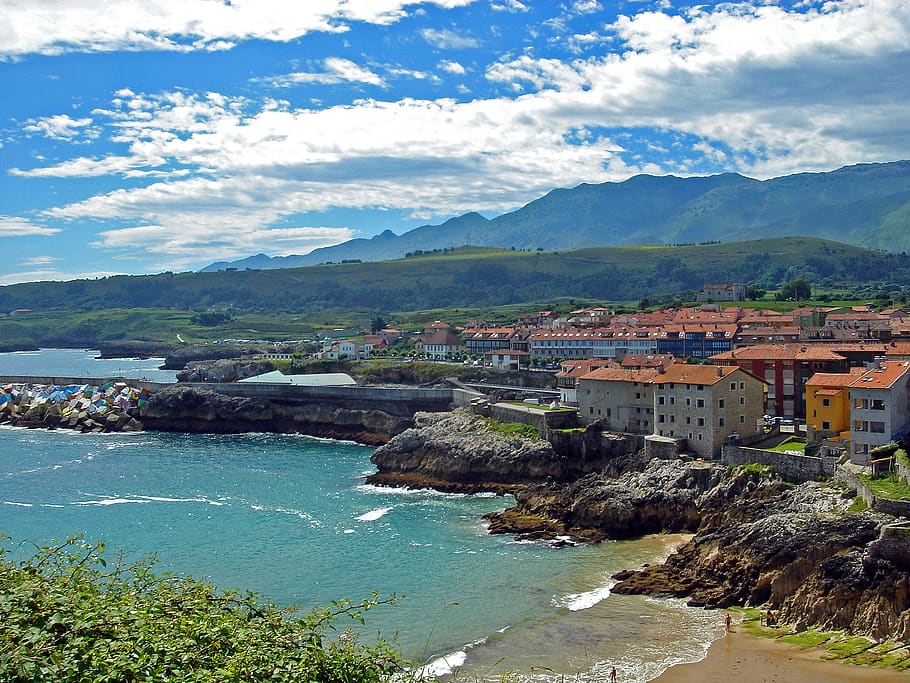 spain, llanes, water, architecture, mountain, built structure HD wallpaper