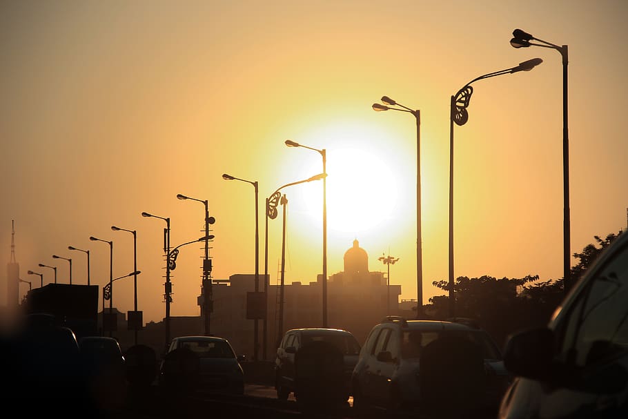 orange, sky, moon, light, car, vehicle, road, street, traffic HD wallpaper