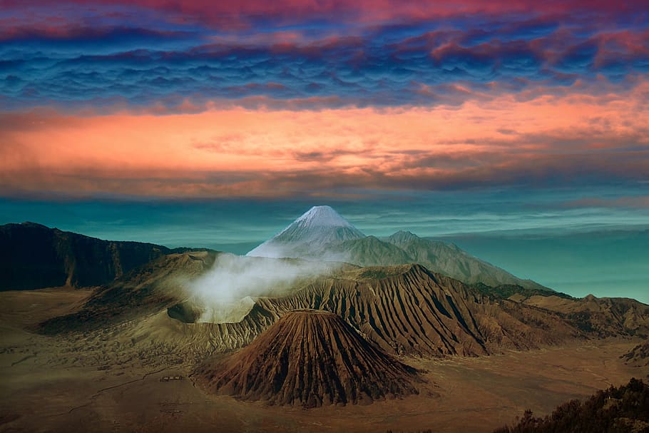 landscape, volcano, mountain, sky, clouds, scenic, geology HD wallpaper