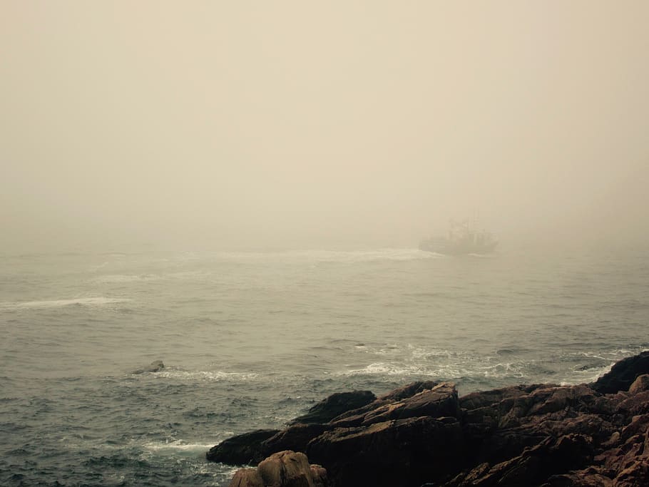 canada, neils harbour, waves, boat, cape breton, ocean, fog, HD wallpaper