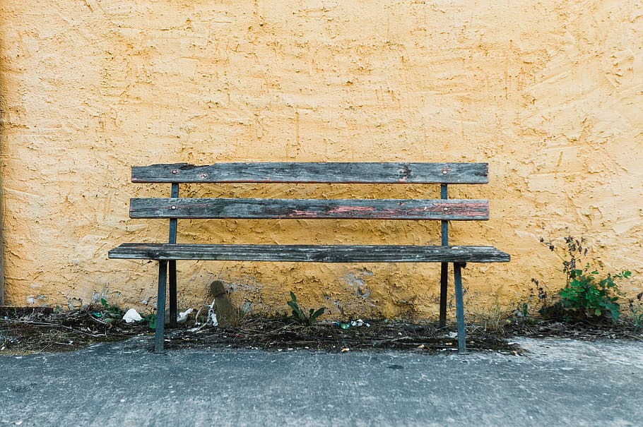empty brown wooden park bench, seat, built structure, wall - building feature HD wallpaper