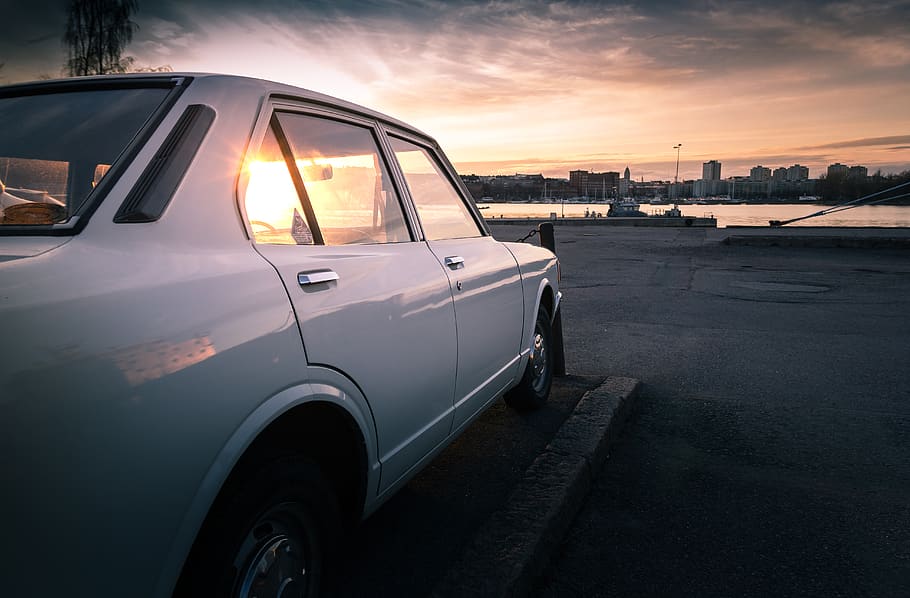 white sedan, building, helsinki, sunset, sunrise, vehicle, car HD wallpaper