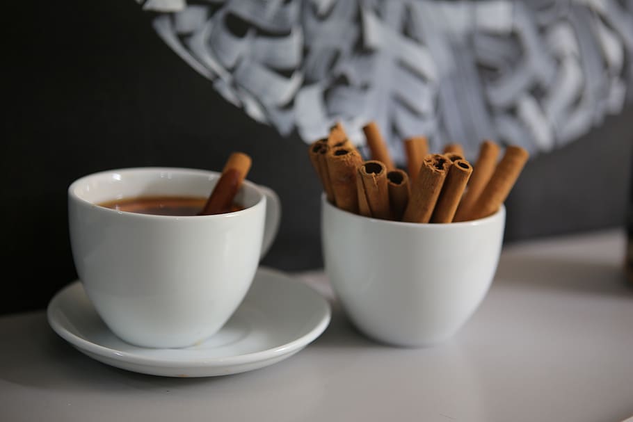 Chocolate Sticks on Two White Ceramic Cups, blurred background HD wallpaper