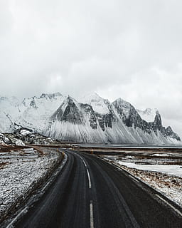 black-paved road, path, snow, landscape, peak, mountain ridge HD wallpaper