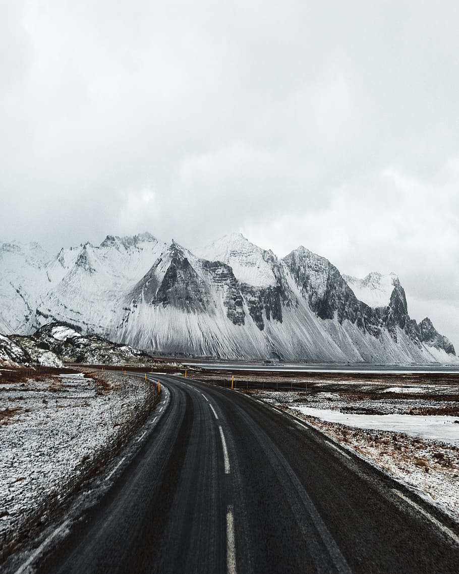 black-paved road, path, snow, landscape, peak, mountain ridge HD wallpaper