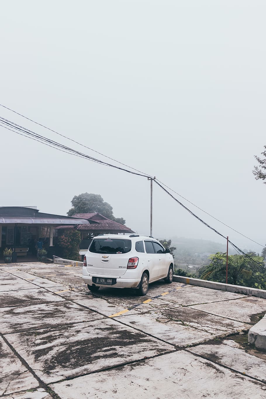White Van, automobile, cables, car, daylight, fog, foggy, parking area HD wallpaper