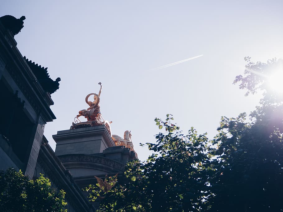 spain, barcelona, trees, statue, sky, airplane, park, low angle view HD wallpaper
