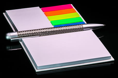 office, writing pad, notes, pen, block, paper, colorful, self-adhesive HD wallpaper