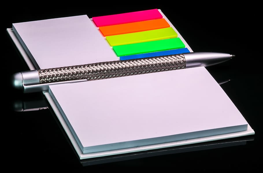 office, writing pad, notes, pen, block, paper, colorful, self-adhesive HD wallpaper