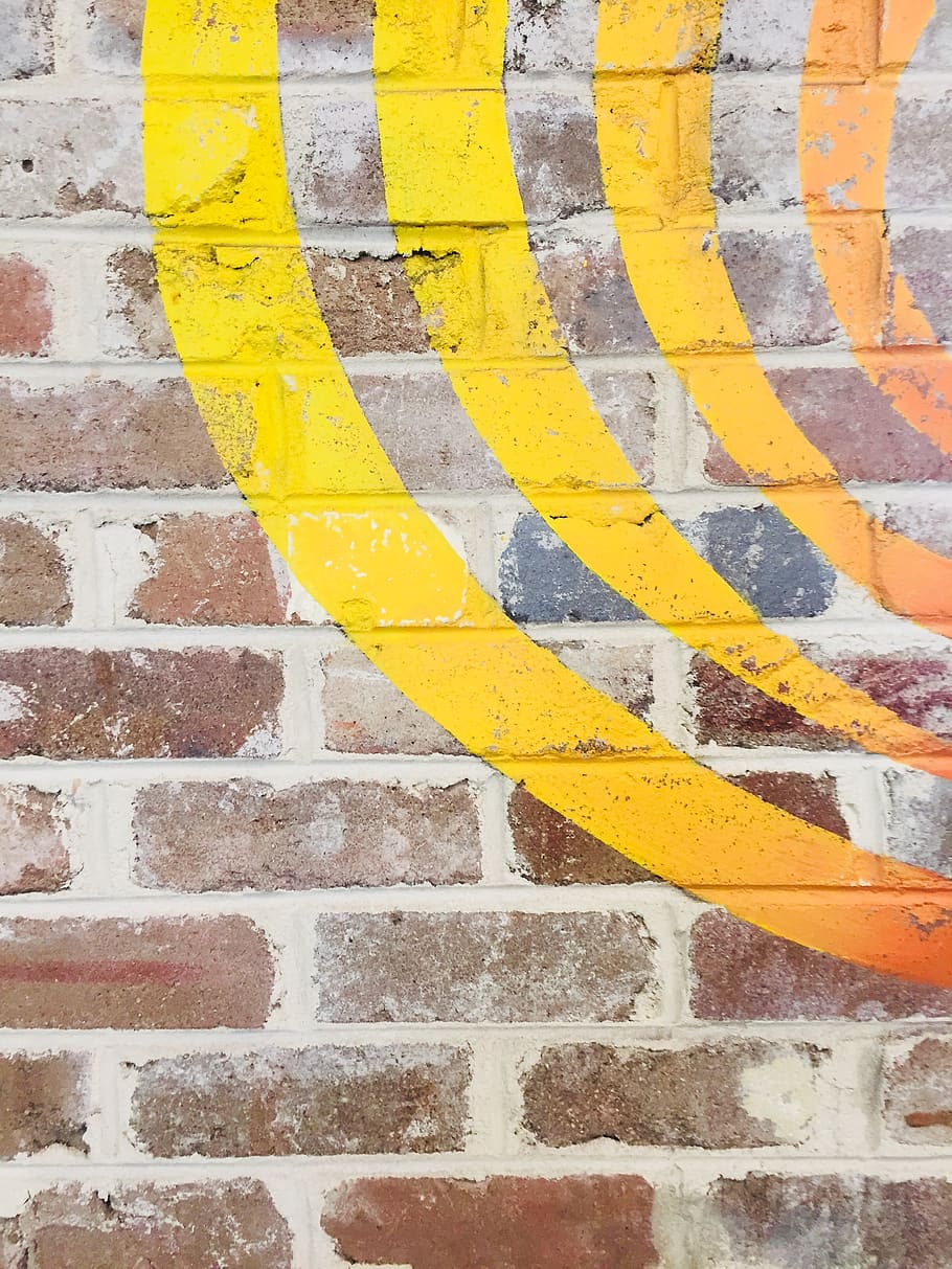 bricks, paint, yellow, sign, pattern, striped, backgrounds, HD wallpaper