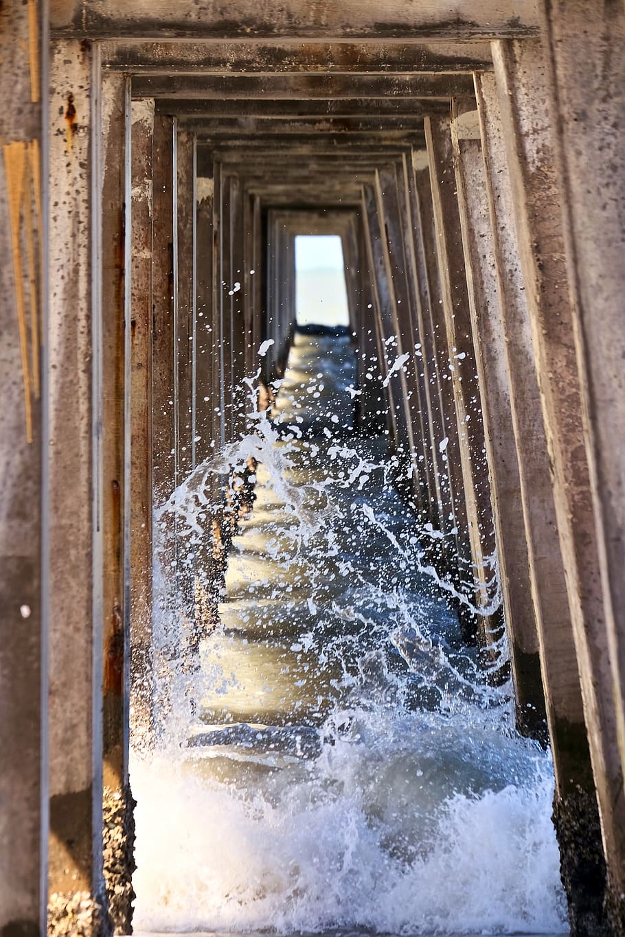 waves under brown wooden bridge, water, pier, waterfront, dock, HD wallpaper