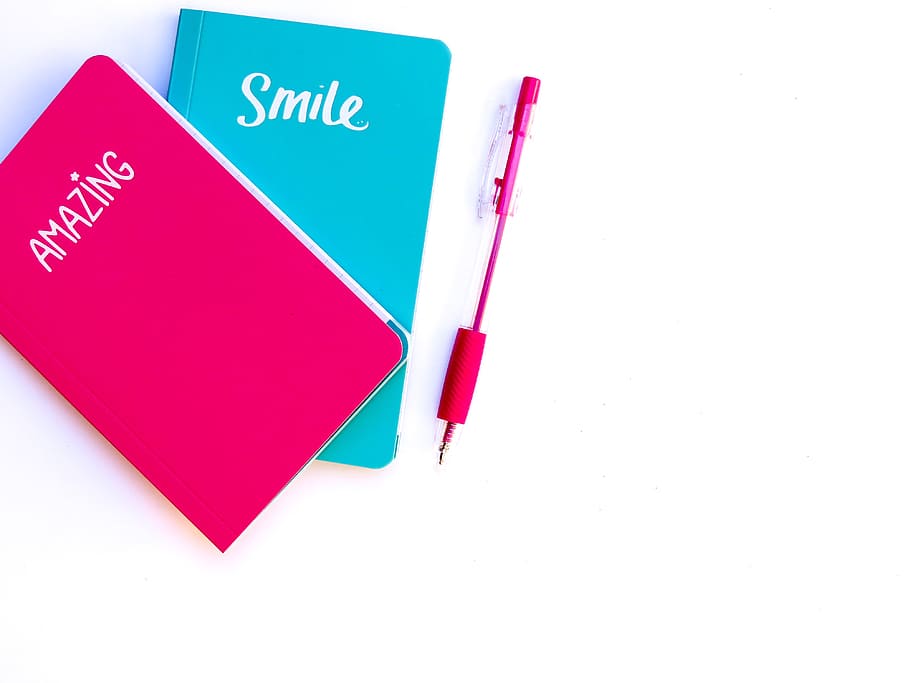 pink, blue, notebook, pen, write, school, supply, office, business HD wallpaper