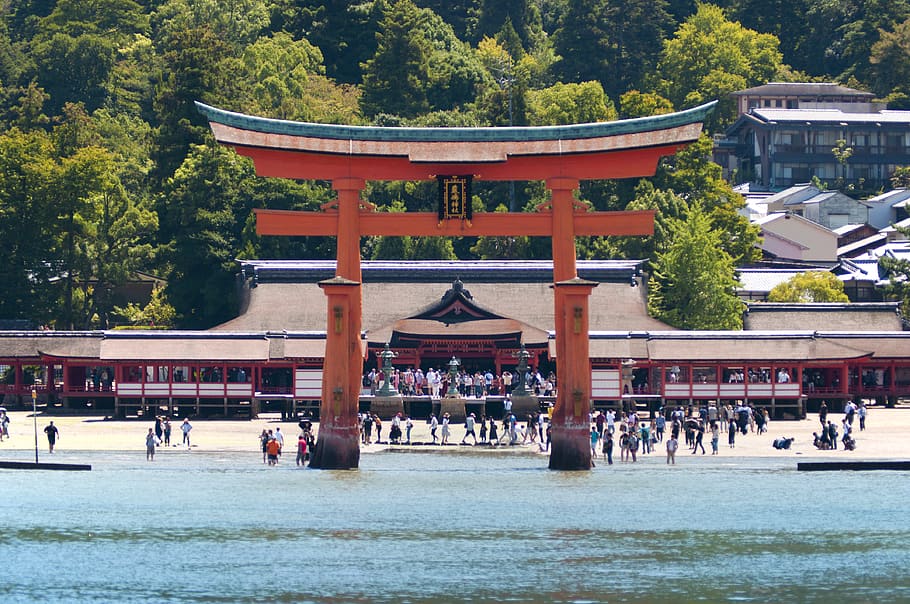 japan, miyajima, the great torii, itsukushima, hiroshima, shrine, HD wallpaper