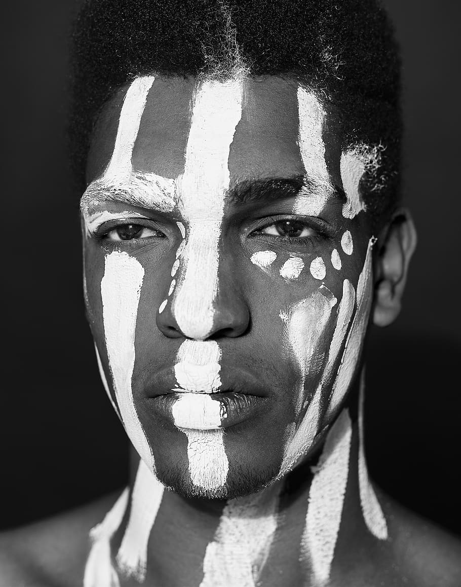 man with white paint on face, portrait, headshot, looking at camera HD wallpaper