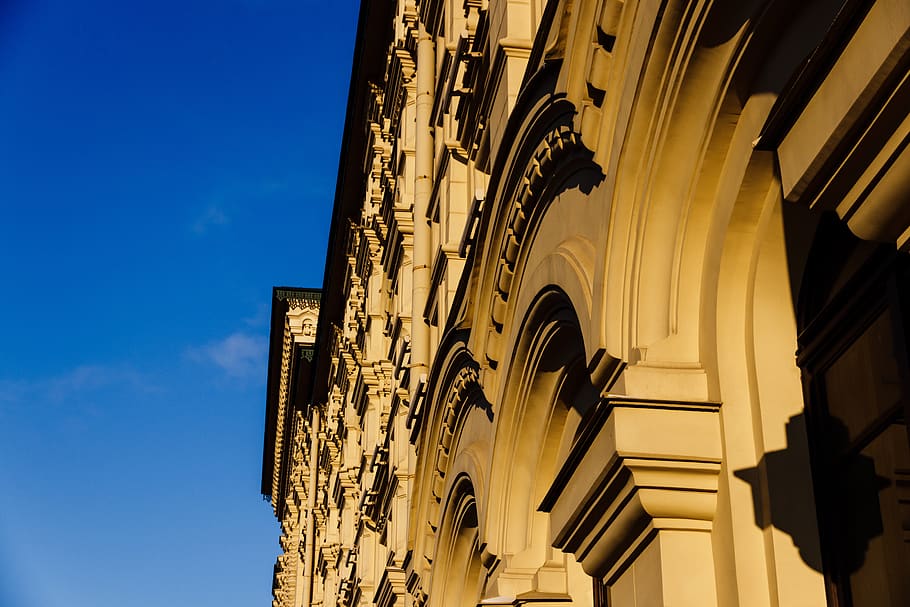blue, yellow, building, sky, arches, architecture, details HD wallpaper