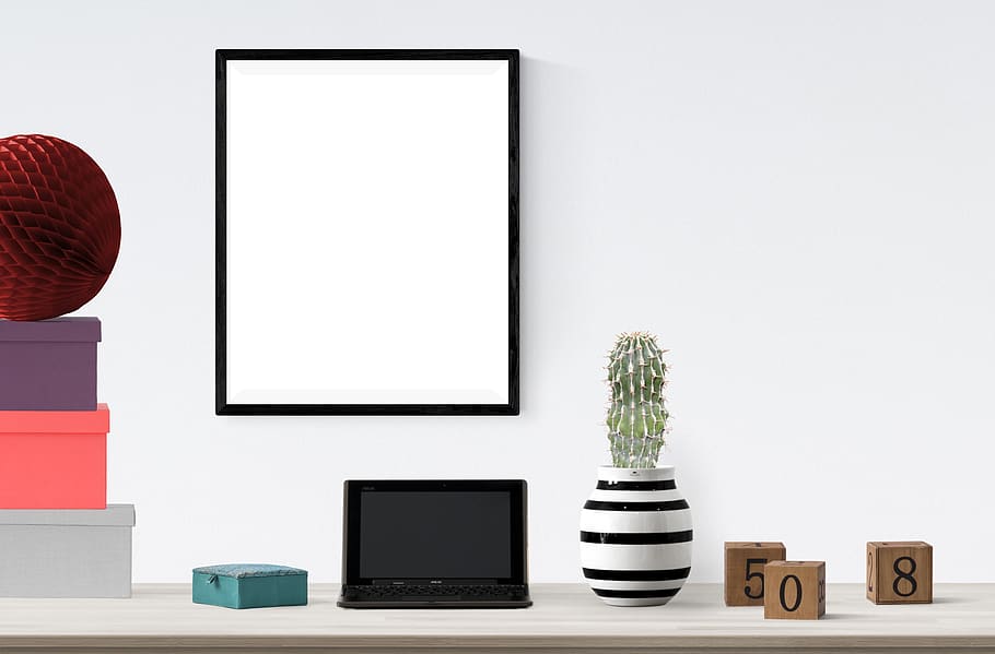 poster, frame, plant, boxes, technology, copy space, computer HD wallpaper