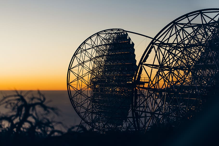 silhouette of metal frames during golden hour, sphere, nature, HD wallpaper
