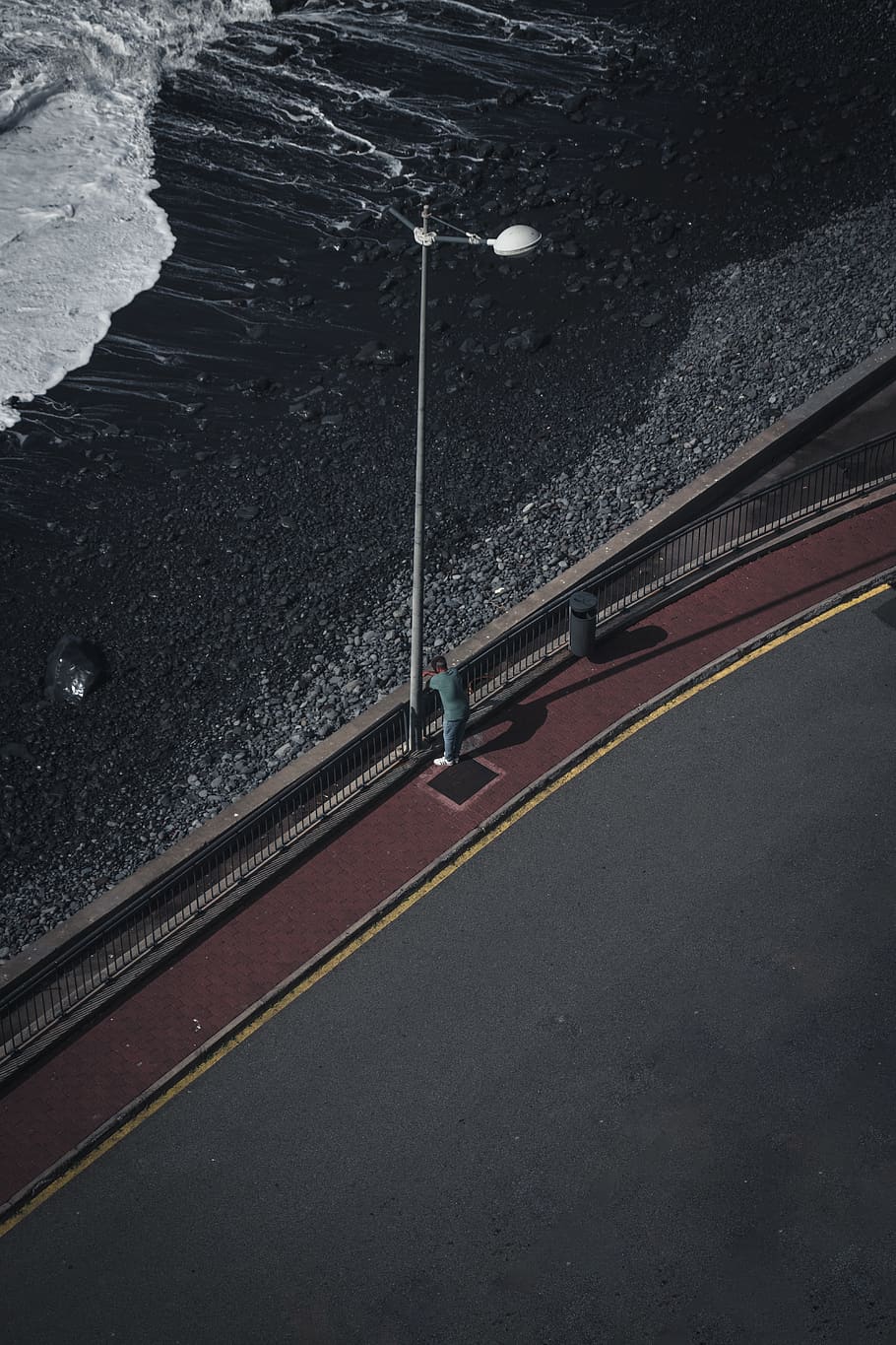 gray electric post lamp, road, tarmac, asphalt, person, human, HD wallpaper
