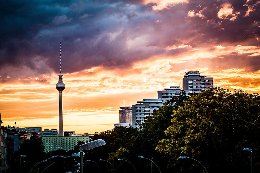 berlin, germany, landsberger allee, heaven, sky, tv tower, orange, HD wallpaper