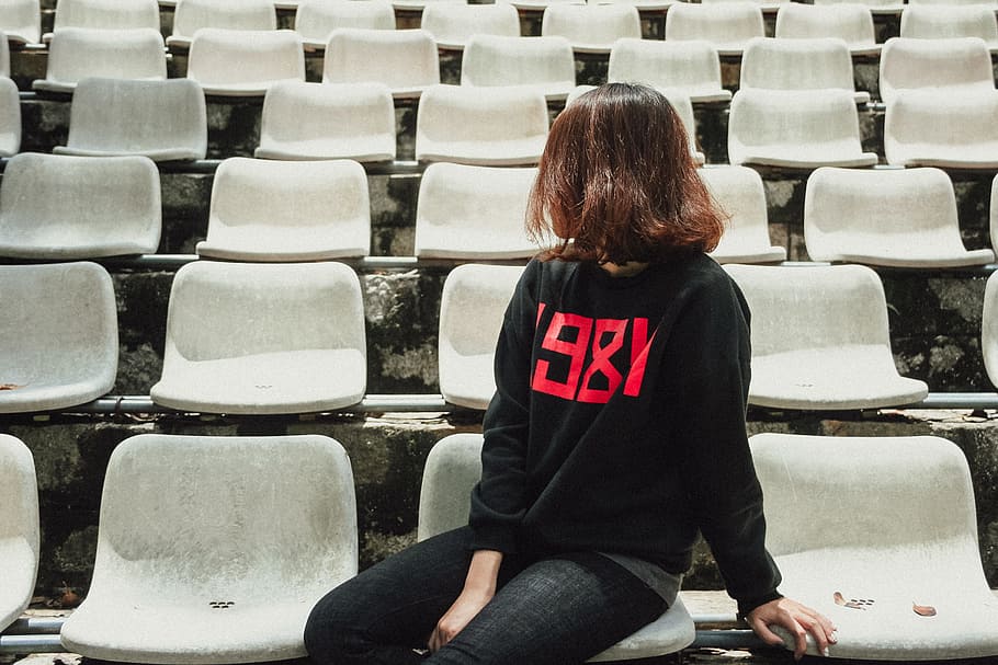 Photo of Woman Sitting on Gray Bleacher Chair, alone, bleachers HD wallpaper