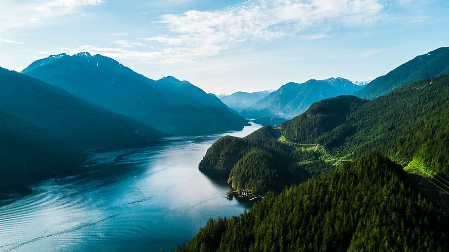 trees, ocea, lake, mountains, earth, nature, drone, sky, blue HD wallpaper