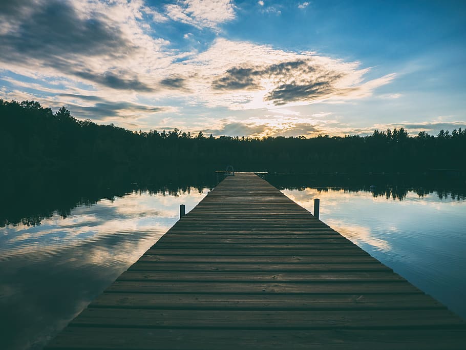 sunset, dock, pier, blue, cobeac, sky, clouds, reflection, lake HD wallpaper