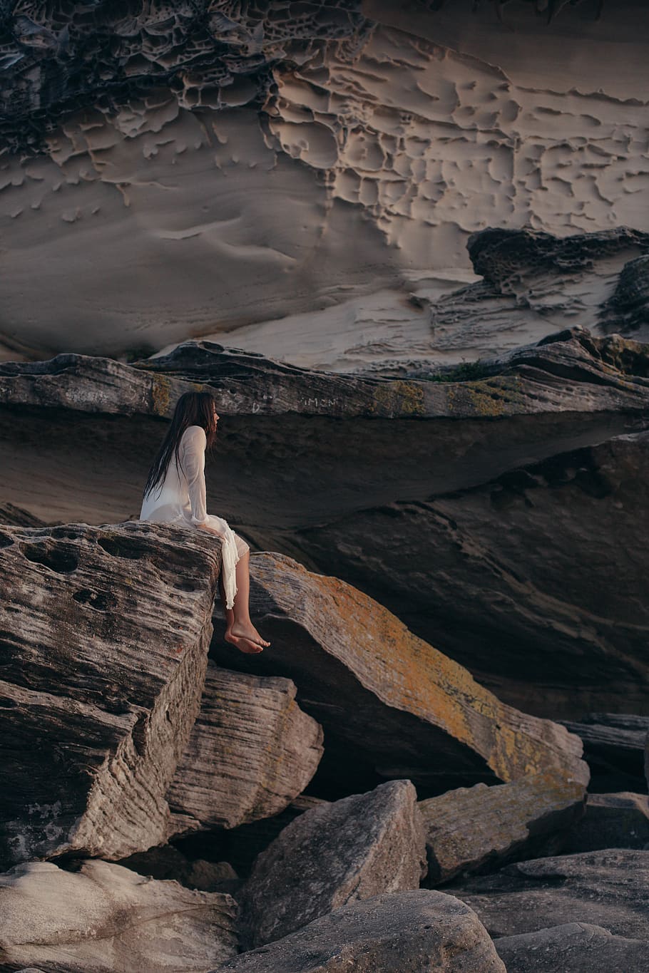 Woman Sitting on Rock, environment, nature, rocks, scenic, solitude HD wallpaper