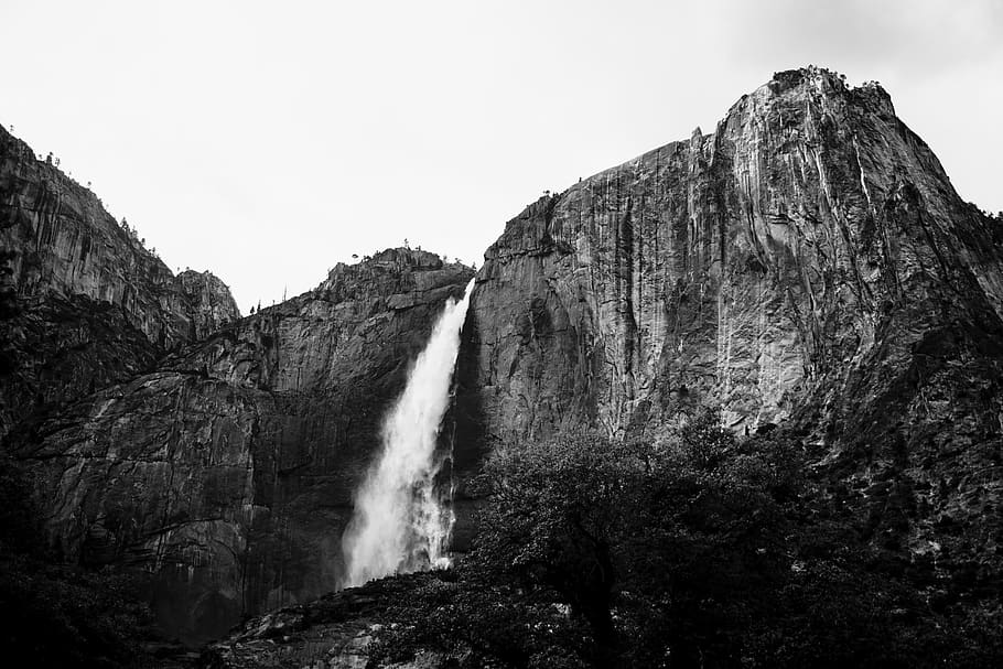 grayscale photography of plunge waterfall at daytime, mountain, HD wallpaper