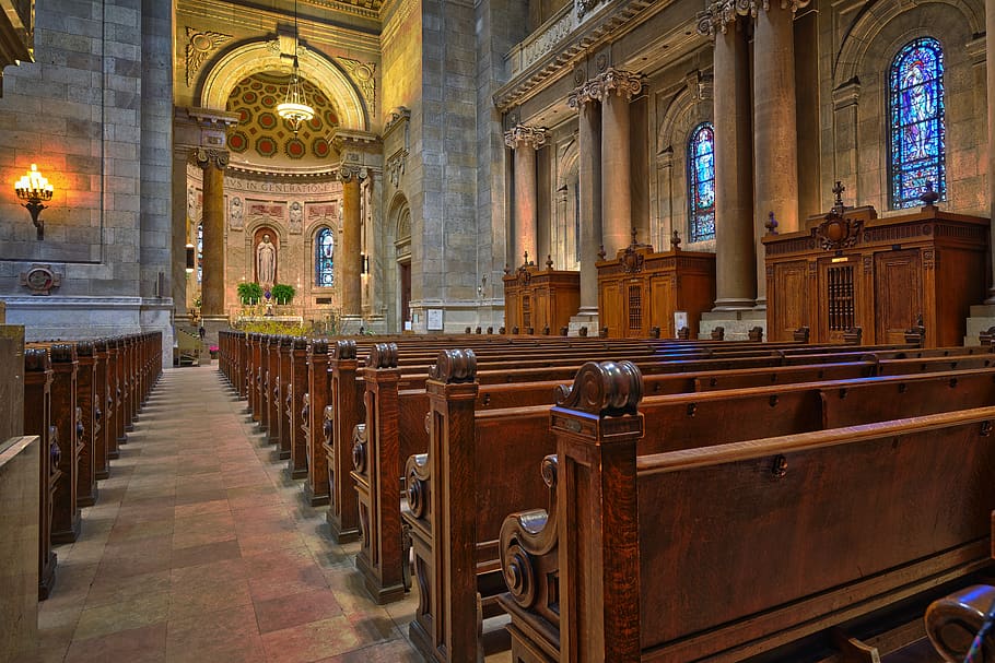 Brown Wooden Church Pew Align Facing the Altar, aisle, arches HD wallpaper