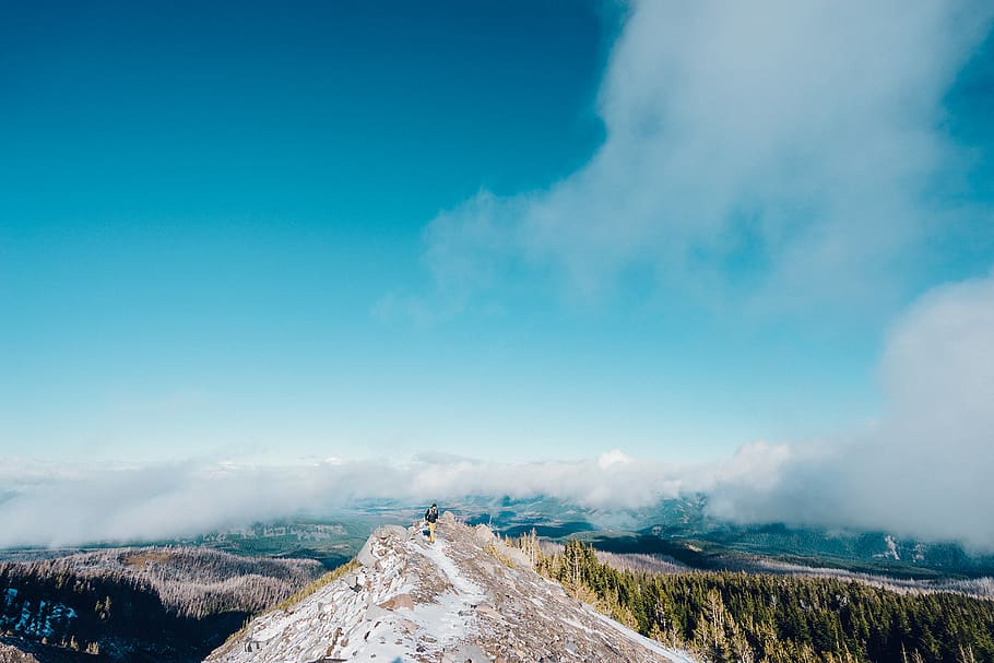 mountains, peaks, cliffs, hills, sky, trail, hike, hiking, trek HD wallpaper