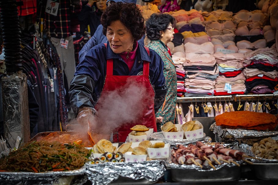 woman standing while wearing red apron, human, person, market, HD wallpaper