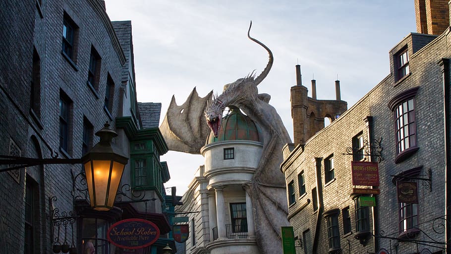 universal studios, harry potter, dragon, hogwarts, building exterior, HD wallpaper