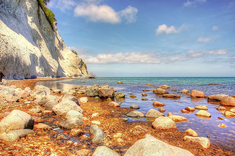 Rock Formation on Body of Water, beach, clouds, landscape, nature HD wallpaper