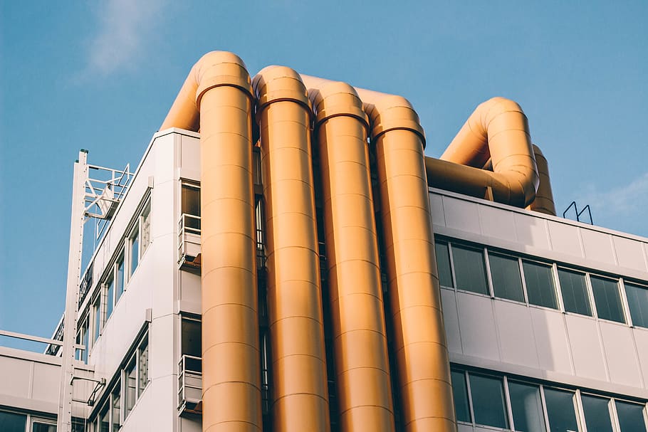 four yellow pipes, building, handrail, banister, rotterdam, building with yellow tubes HD wallpaper