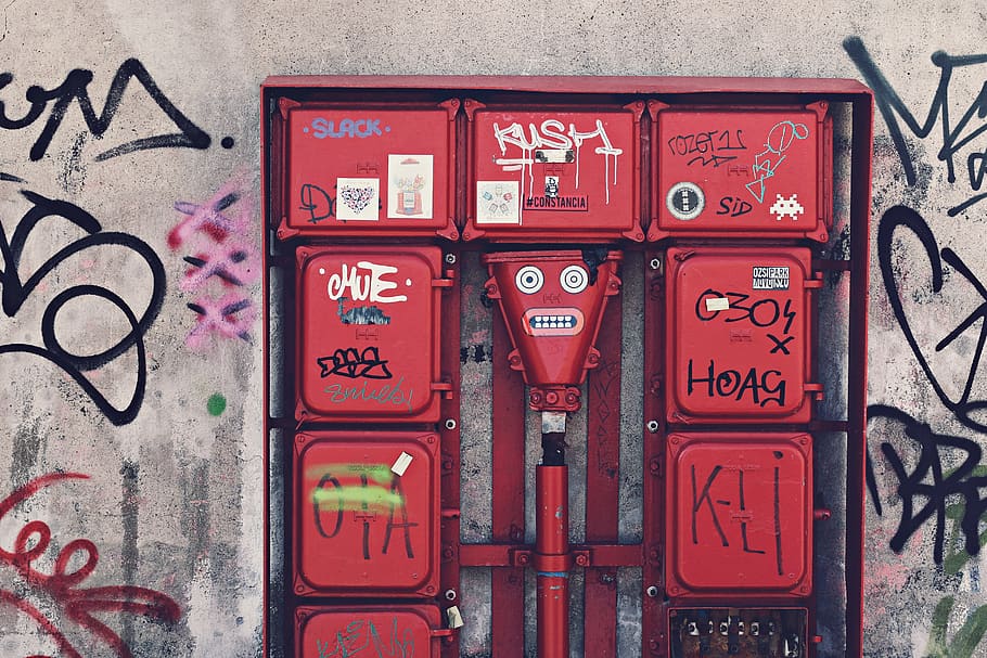 red metal box attaching wall, communication, text, wall - building feature HD wallpaper