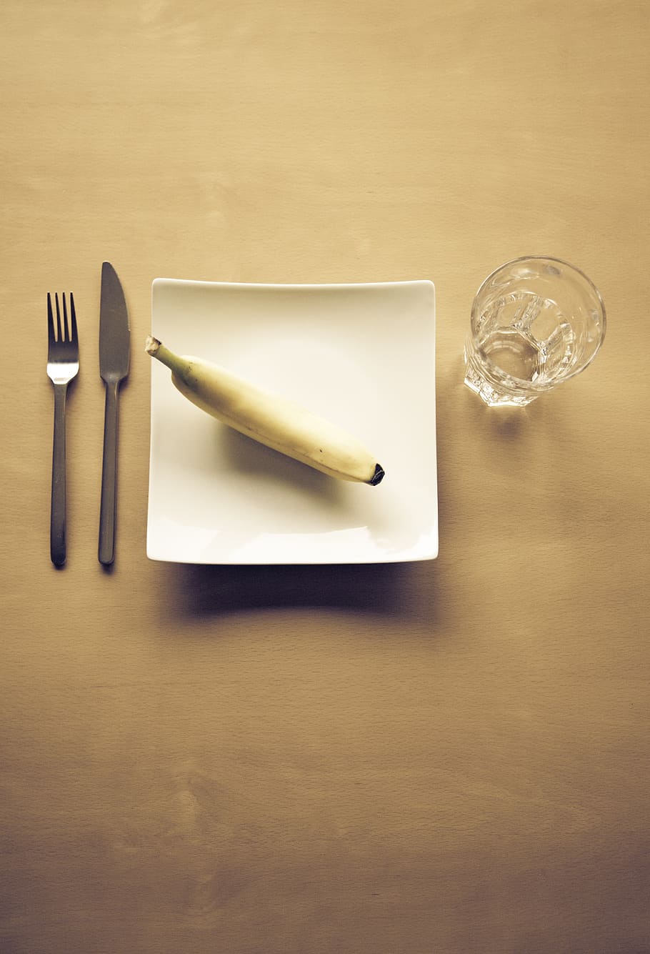 Yellow Banana on White Square Plate, diet, drinking glass, fork, HD wallpaper