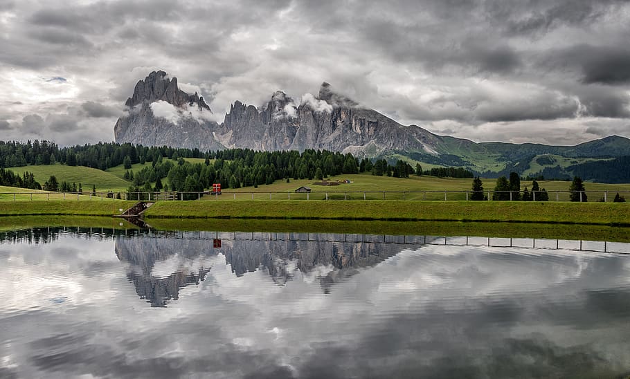 Gray Rock Mountain Reflects on Water, clouds, cloudy, environment HD wallpaper