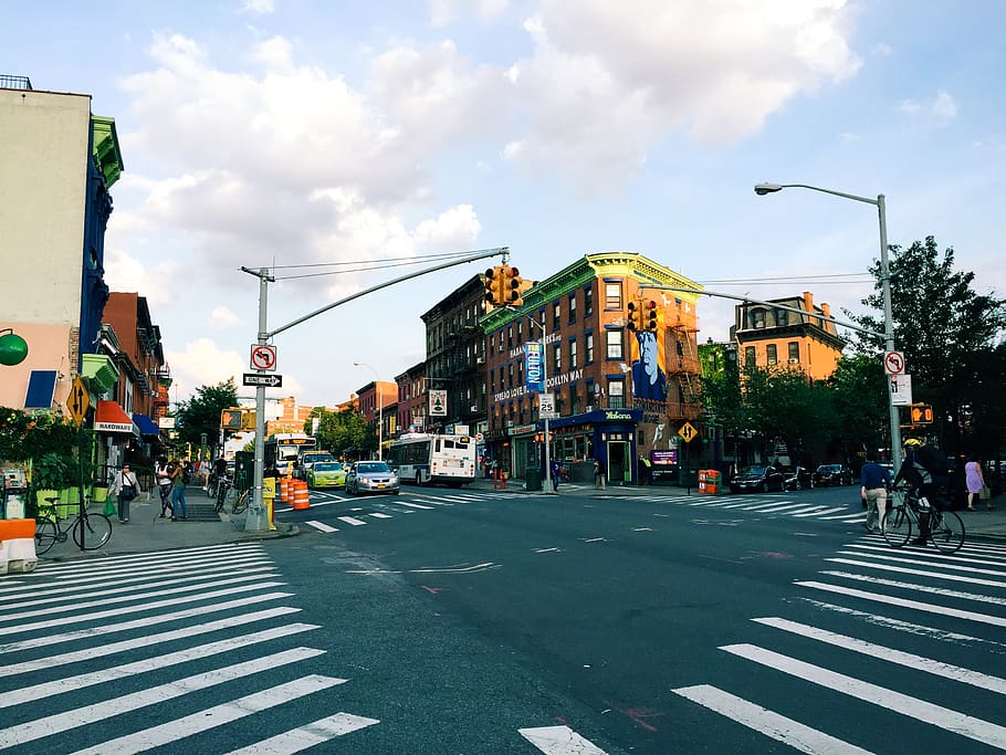intersection, crosswalk, city, urban, road, street, pavement HD wallpaper