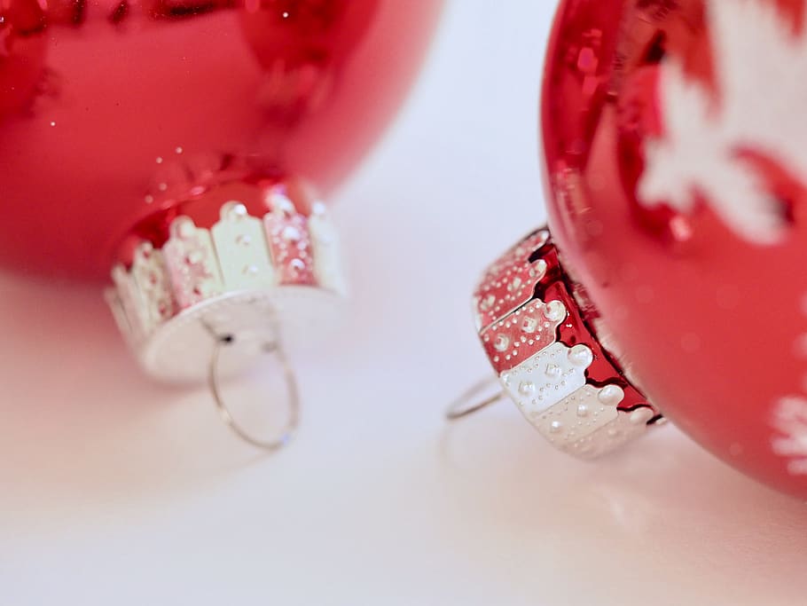 Two Red Christmas Ornaments, ball, bauble, blur, bright, celebrate HD wallpaper