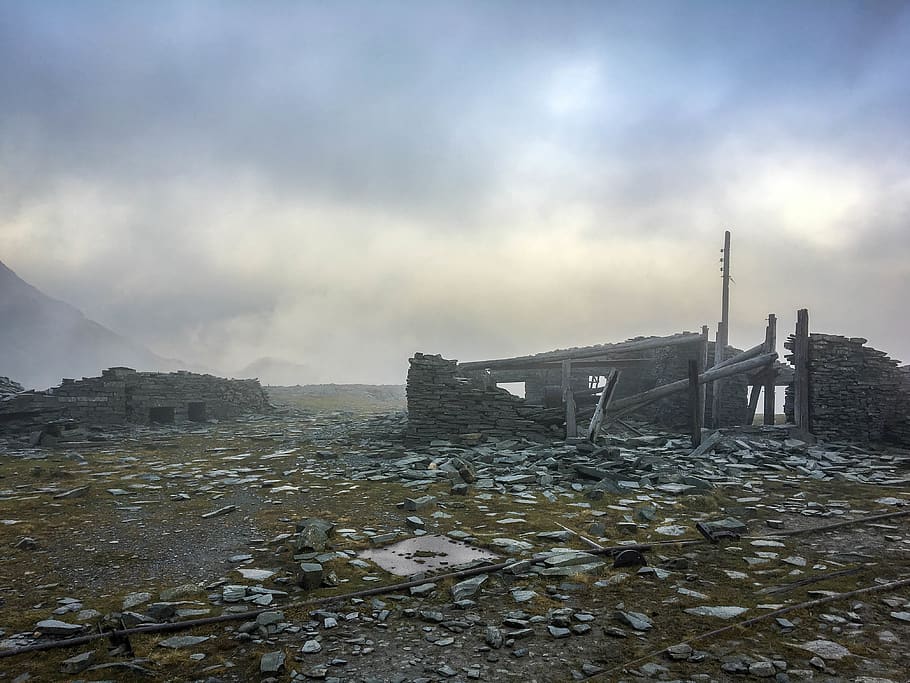 rubble, building, ruins, fog, ground, nature, weather, coniston old man, HD wallpaper